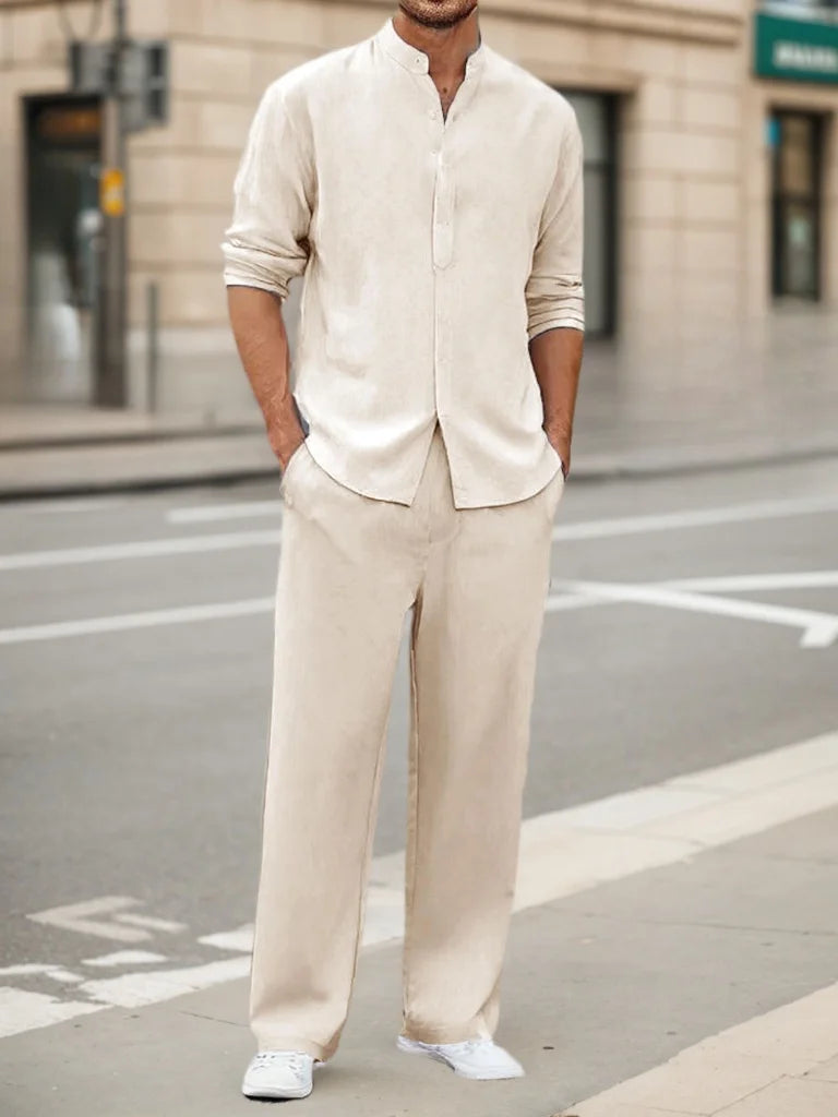 Men's Fall Casual Outfits Solid Color Henley Collar Long Sleeve Tops with Elastic Waist Pants Long Sleeve Pants Shirt Suit Good Vibrations