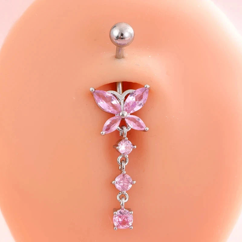 Fashion Pink Crystal Crown Belly Button Rings Stainless Steel Long Pendant Butterfly Heart Navel Piercing for Women Jewelry Good Vibrations Adult Super Store