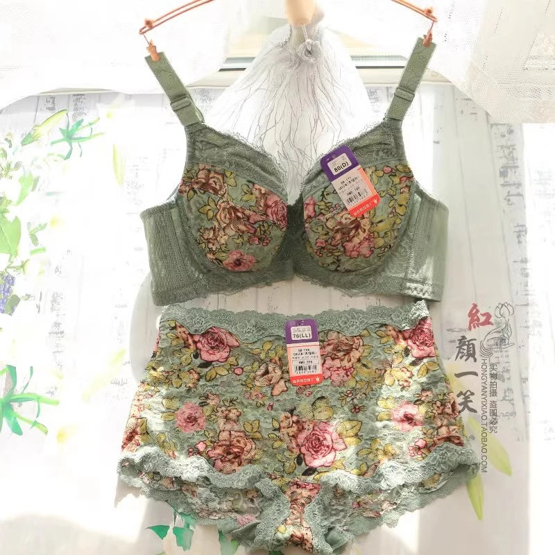 Women's Bra Set Sexy Lace Printed Embroidery Plus Size Full Cup Female Lingerie Suit 34 36 - 48 B C D E F Good Vibrations
