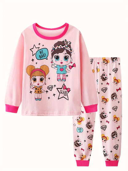 2pcs Girls Casual Cartoon Unicorn Print Crew Neck Pink Cotton Pajama Sets Good Vibrations