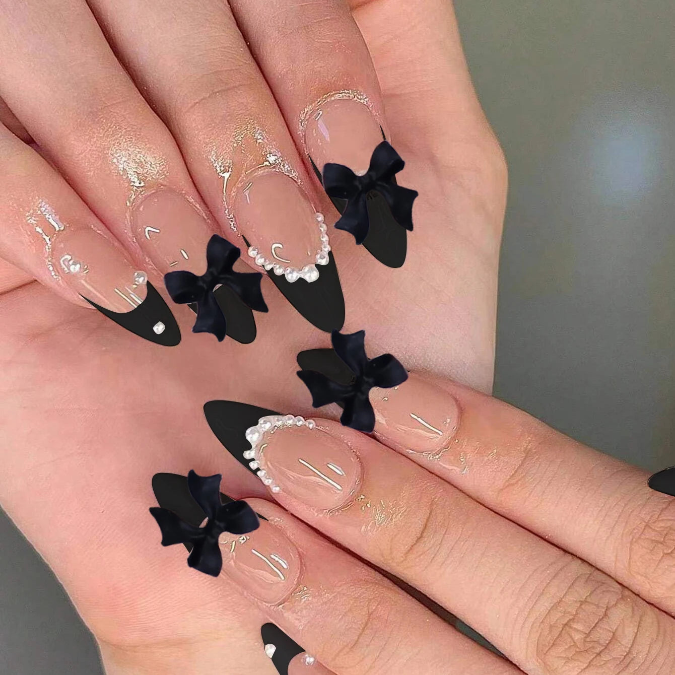 24pcs Press on Nails Short Almond Bowknot Black Press on Nails White Pearl Sweet French Tip Press on Nails Cute Nail Artificial Good Vibrations