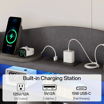 Frames with Storage Headboard, Upholstered Twin Size Bed Frame with Drawers, Charging Station and LED Good Vibrations