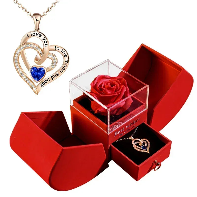 Gift for Women Eternal Rose Gift Box /w Heart Necklace I Love You To The Moon and Back Flower Jewelry Box for Wedding Birthday Good Vibrations