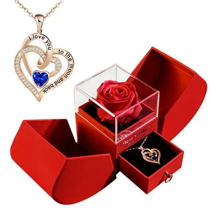 Gift for Women Eternal Rose Gift Box /w Heart Necklace I Love You To The Moon and Back Flower Jewelry Box for Wedding Birthday Good Vibrations