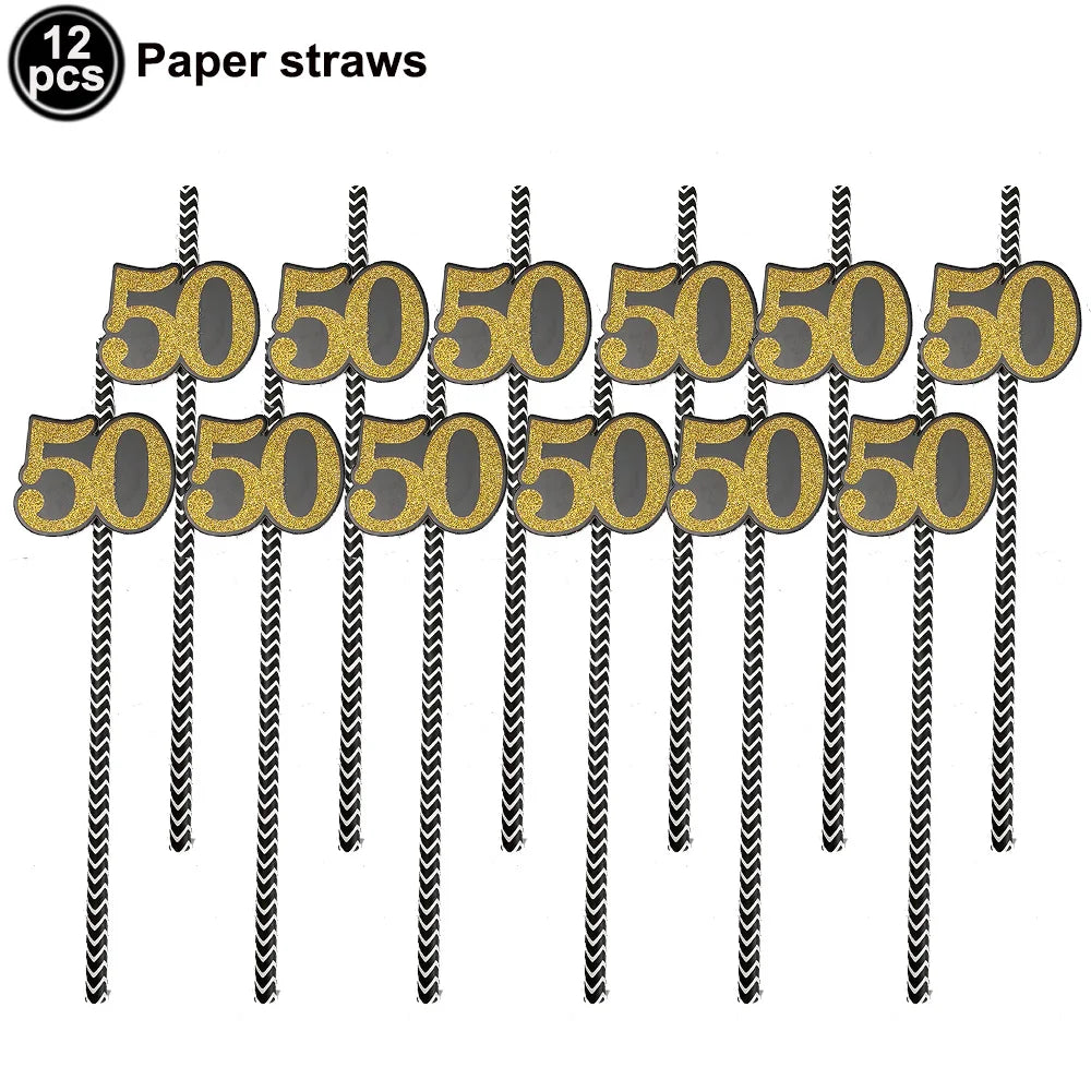 50th Birthday Party Supplies for Men Women Black and Gold 50 Years Old Party Paper Plates Cups Napkin Tablecloth Tableware Decor Good Vibrations