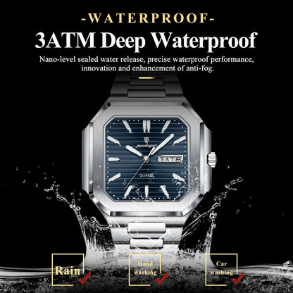 POEDAGAR Luxury Square Fashion Man Wristwatch Waterproof Luminous Date Week Quartz Men's Watches Stainless Steel Men Watch Reloj Good Vibrations