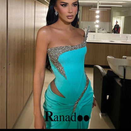 Ranadoo Strapless Mermaid Prom Dresses Stylish Rhinestones Evening Gowns for Women Satin Sleeveless Chapel Train Abendkleider Good Vibrations