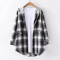 Autumn Women Shirts Hoodie Coat Plaid Print Loose Hooded Long Sleeves Drawstring Cardigan Single-breasted Buttons Spring Jacket Good Vibrations