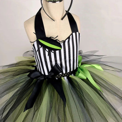 Halloween Costumes Kids Girl Black White Striped Tulle Tutu Dress and Headband 2PCS Toddler Halloween Outfit Beetle Cosplay Good Vibrations