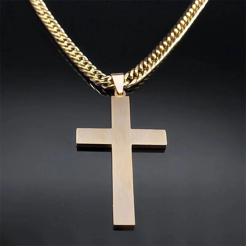Punk Hip Hop Black Cross Pendant Necklace for Women Men Stainless Steel Gold Color Male Jesus Christ Chain Jewelry colar N8236S0 Good Vibrations