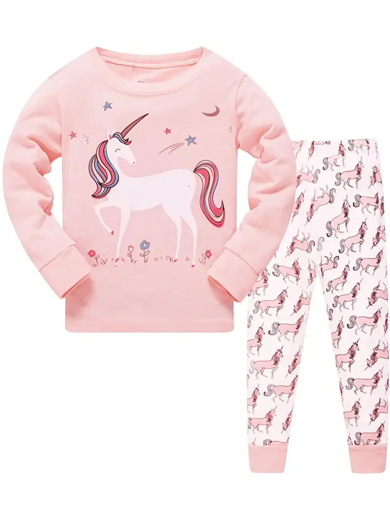 2pcs Girls Casual Cartoon Unicorn Print Crew Neck Pink Cotton Pajama Sets Good Vibrations