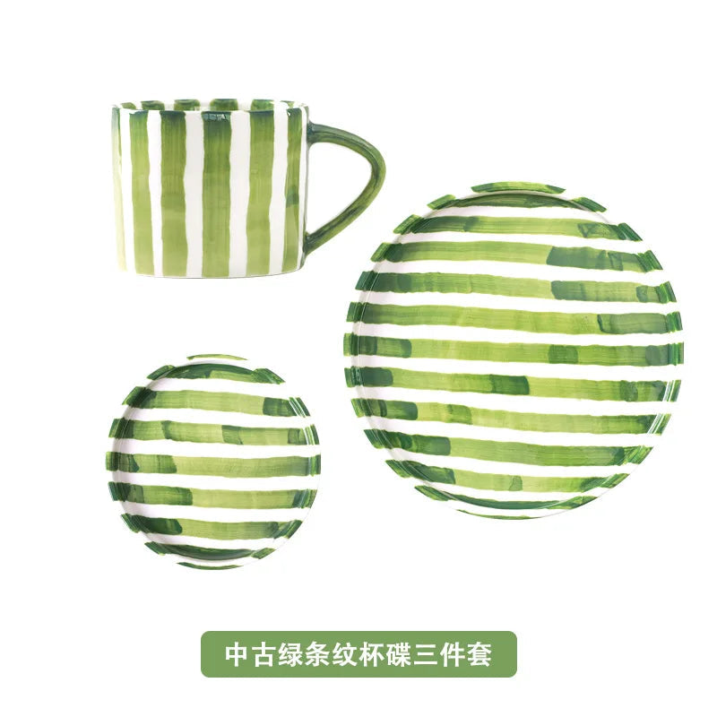 Ceramic Coffee Mug Three-piece Set Hand-painted Striped Mug Afternoon Camellia Tea Mug Breakfast Milk Oatmeal Mug Cake Plate New Good Vibrations