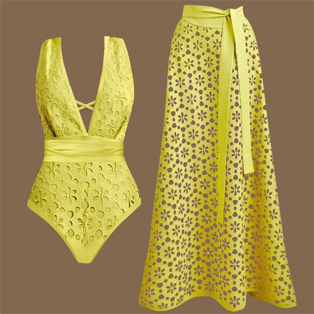 2Pcs Printed Swimsuit Women Sexy Swimwear New Bikini With Long Skirt Female Biquini Push Up Swim Suit Bodysuit Beachwear CoverUp Good Vibrations