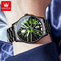 OLEVS Watch for Men 360° Rotary Dial Sport Car Rim Wheel Hub Waterproof Luminous Fashion Stainless Steel Men's Quartz Wristwatch Good Vibrations