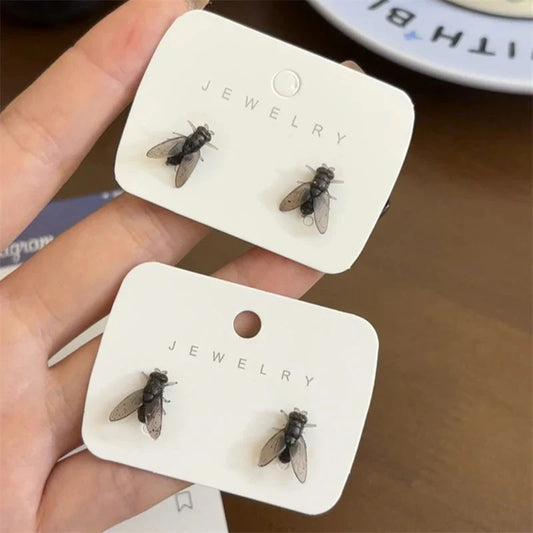 Realistic funny prank flies stud earrings for women Halloween party gift zinc alloy insect jewelry