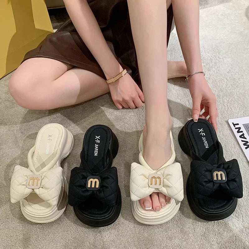 Women's Sandals New Korean Edition Casual Beach Shoes Versatile Thick Sole Shoes Bow Slippers Women's Outwear Summer Good Vibrations
