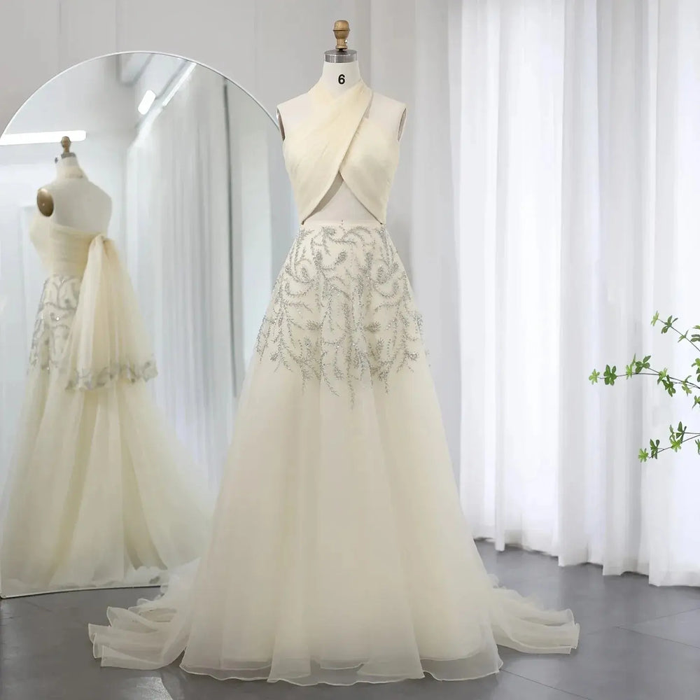 Sharon Said Saudi Arabic Beige Halter Evening Dresses for Wedding Dubai Crystal Long Formal Gowns Party Dress SS444 Customized Good Vibrations