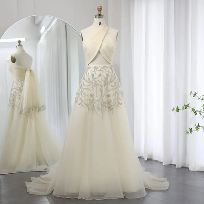 Sharon Said Saudi Arabic Beige Halter Evening Dresses for Wedding Dubai Crystal Long Formal Gowns Party Dress SS444 Customized