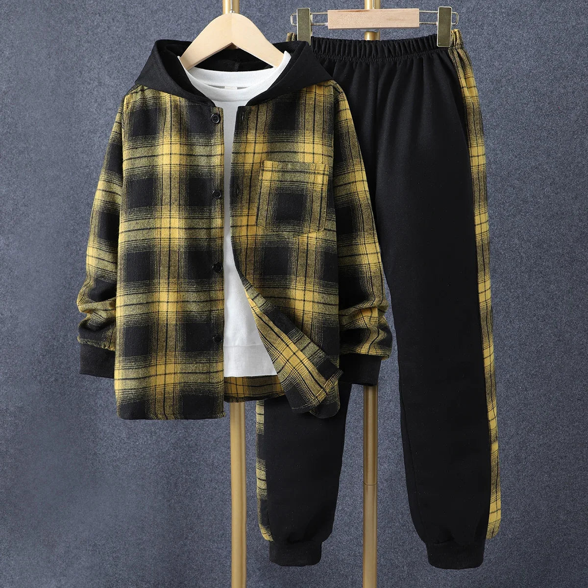 Kids Boys' Autumn Casual Checker Hoodie Set Shirt Suit Soft Ventilate Fashion Boys Suit Plaid Children's Clothing Set Good Vibrations