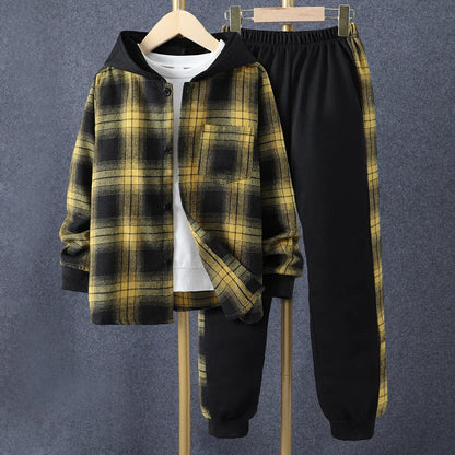 Kids Boys' Autumn Casual Checker Hoodie Set Shirt Suit Soft Ventilate Fashion Boys Suit Plaid Children's Clothing Set Good Vibrations