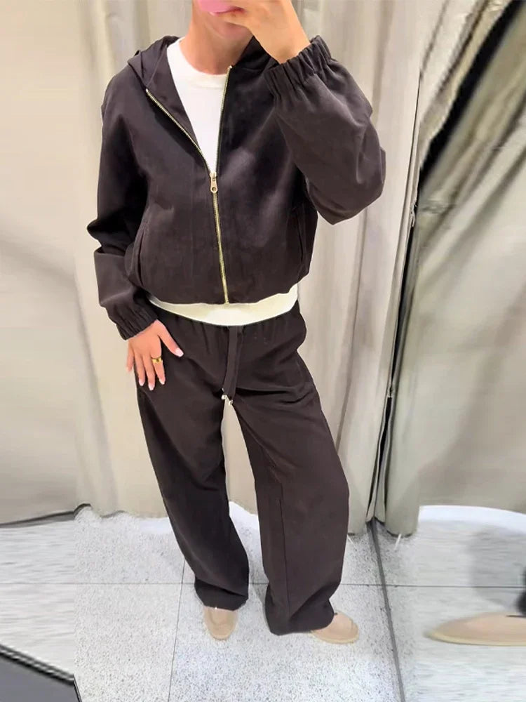 Casual Solid Hoodie Pants Set Women Zippers Loose Full Sleeve Coats Long Wide Leg Pant Sets Female 2025 Autumn New Lady Outfits Good Vibrations