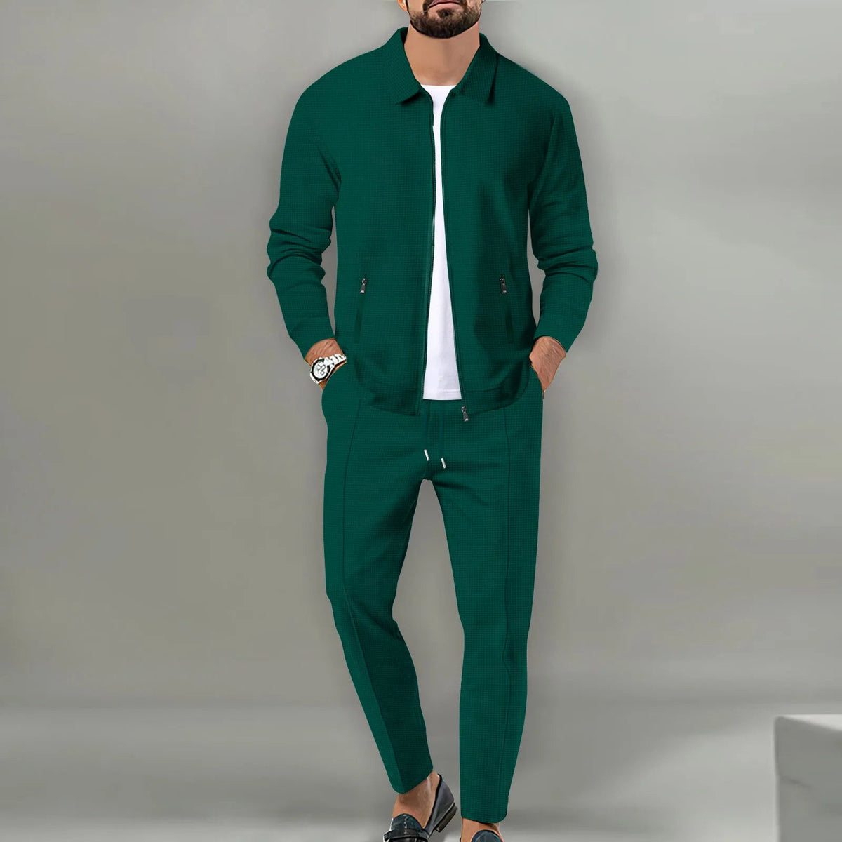 Autumn Winter Men's Casual Blazer Set New Fashion Waffle Baseball Suit Round Neck Pocket Zipper Long Sleeve Trousers Two-Piece S Good Vibrations
