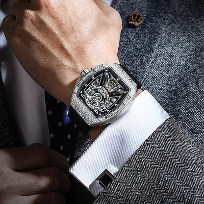 Men Mechanical Winding Watch Montre Homme 2024 New BRUBOSES 5ATM Water Resistant Luminous Tonneau Quartz Wristwatch WIth Diamond Good Vibrations