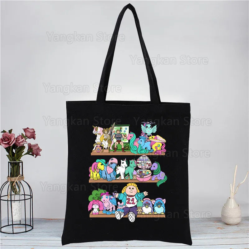 Kawaii Polly Pocket Shopping Bag Women Canvas Tote Bags Printing Eco Bag Cartoon Shopper Shoulder Bags Black Good Vibrations