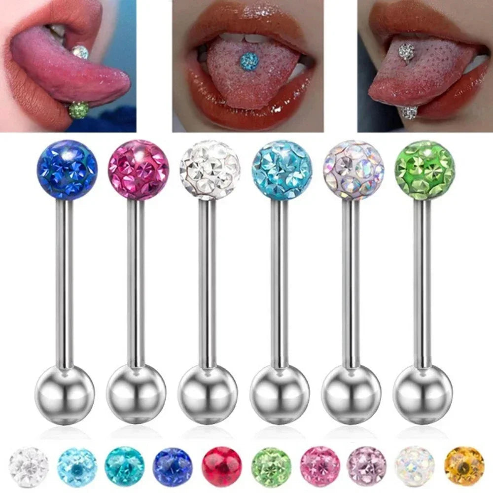 6Pcs Mixed Set 6mm Crystal 14G 1.6mm Steel Tongue Ring 16mm Bar Barbell Nipple Body Piercing Jewelry Good Vibrations Adult Super Store