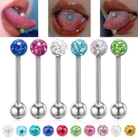 6Pcs Mixed Set 6mm Crystal 14G 1.6mm Steel Tongue Ring 16mm Bar Barbell Nipple Body Piercing Jewelry Good Vibrations Adult Super Store