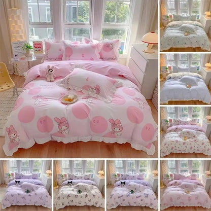 Sanrio Kids Bedding Set Kuromi Cinnamoroll Mymelody Duvet Cover Bed Sheet Pillowcase Bedsheet Double Single King Queen Twin Size Good Vibrations