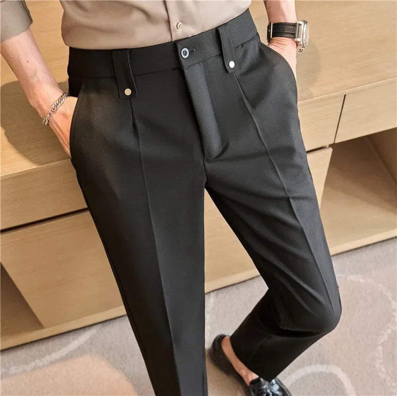 Mens Suit Pants 2025 Autumn New British Style Elastic Waist Solid Casual Formal Dress Pants Slim Fit Trousers for Men Clothing Good Vibrations