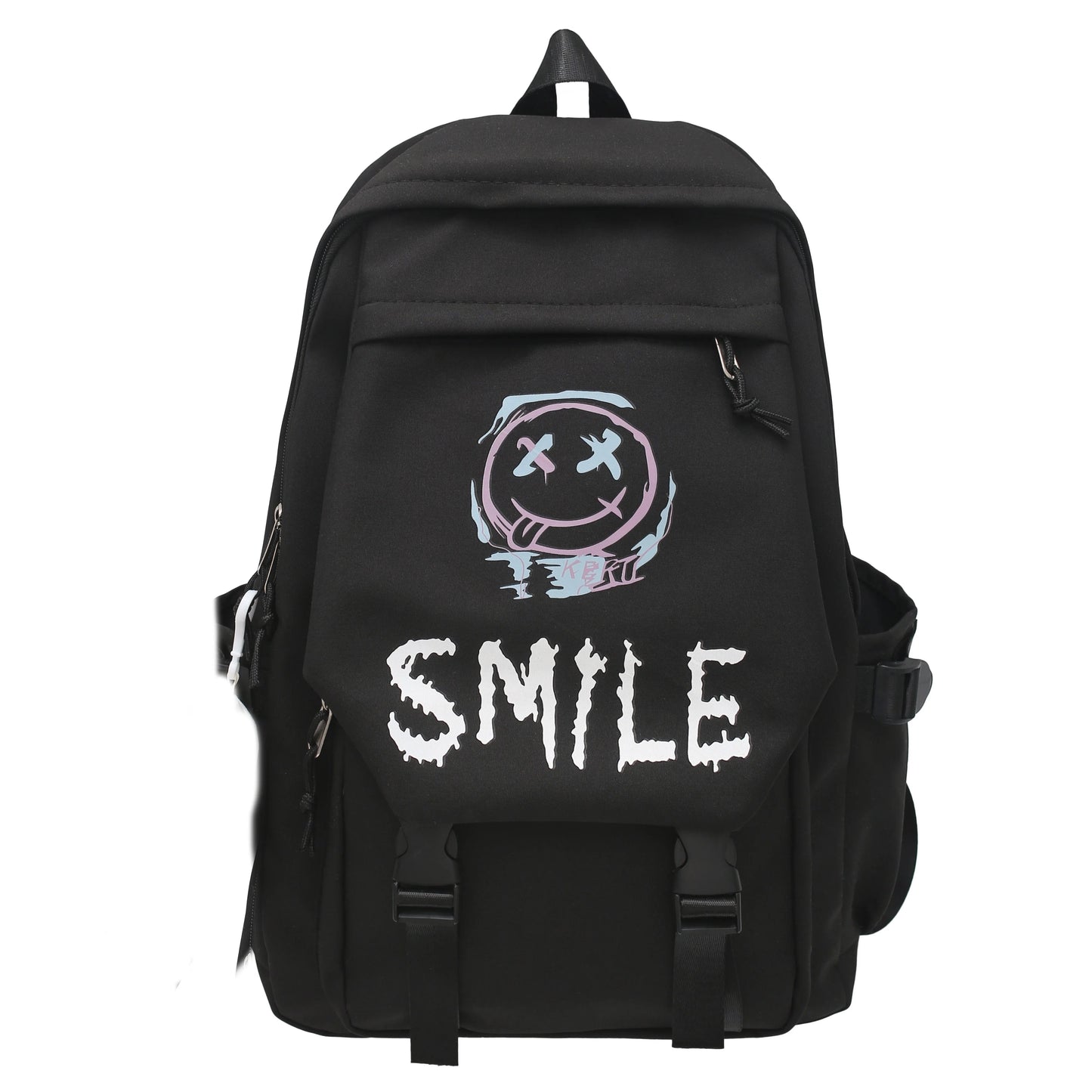 Pocket Front Backpack, Preppy Style Solid Color Nylon  Bookbag, Kawaii Large Capacity Double Handle School Bag Good Vibrations