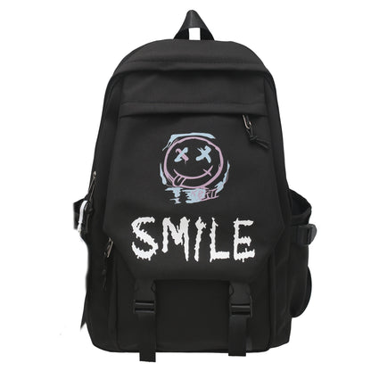Pocket Front Backpack, Preppy Style Solid Color Nylon  Bookbag, Kawaii Large Capacity Double Handle School Bag Good Vibrations