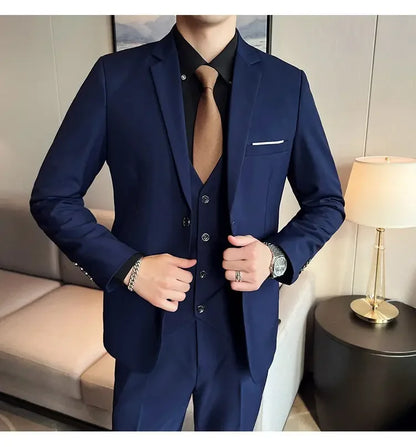 Suit (suit +Vest+Pants) Formal Business Men Four Seasons Professional Fashion Gentleman Solid Color Outdoor British Style Suit
