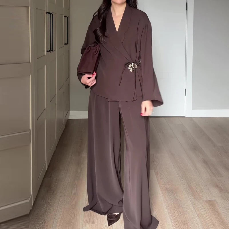 Women's Casual Party Outfit Vintage Solid Loose Autumn Suit New 2026 Elegant V Neck Long Sleeved Top & Wide Leg Pants Two Piece Good Vibrations