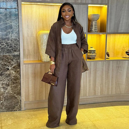 Women Two Piece Pant Sets Women solid Shirt Coffee Round Neck Straight Long Pants Suits Autumn Spring Tracksuit Sets 2025 Good Vibrations