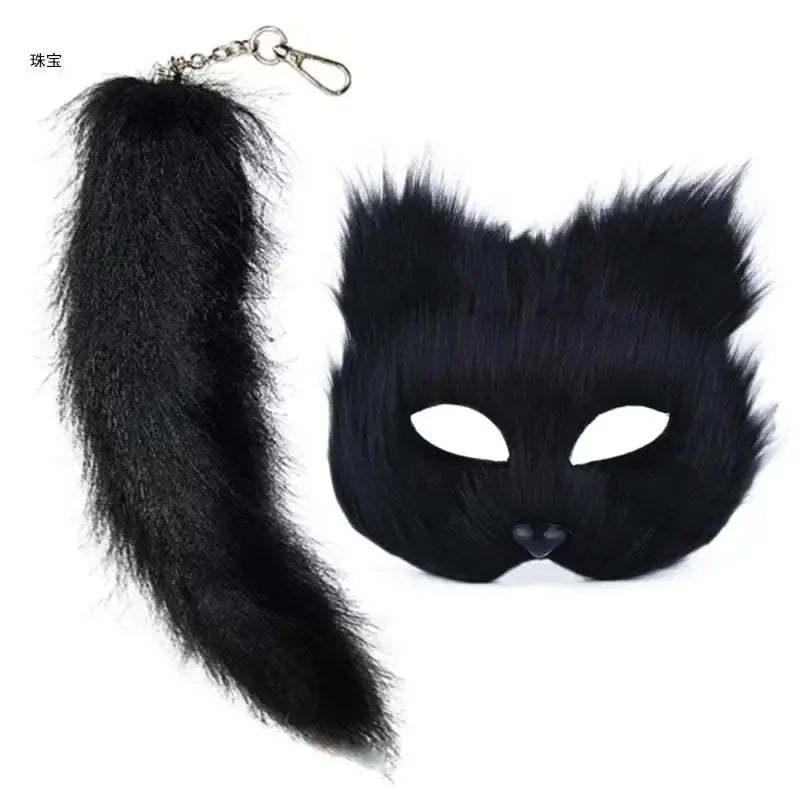 Faux Furs Foxes Tail Cats Mask Therian Mask and Tail Halloween Cosplays Party GOOD Vibrations