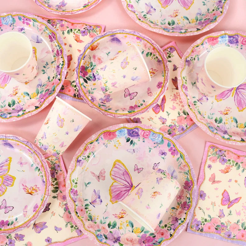 Butterfly Disposable Tableware Set Paper Plate Cup Napkins Pink Butterfly Birthday Party Decoration Baby Shower Wedding Supplies Good Vibrations