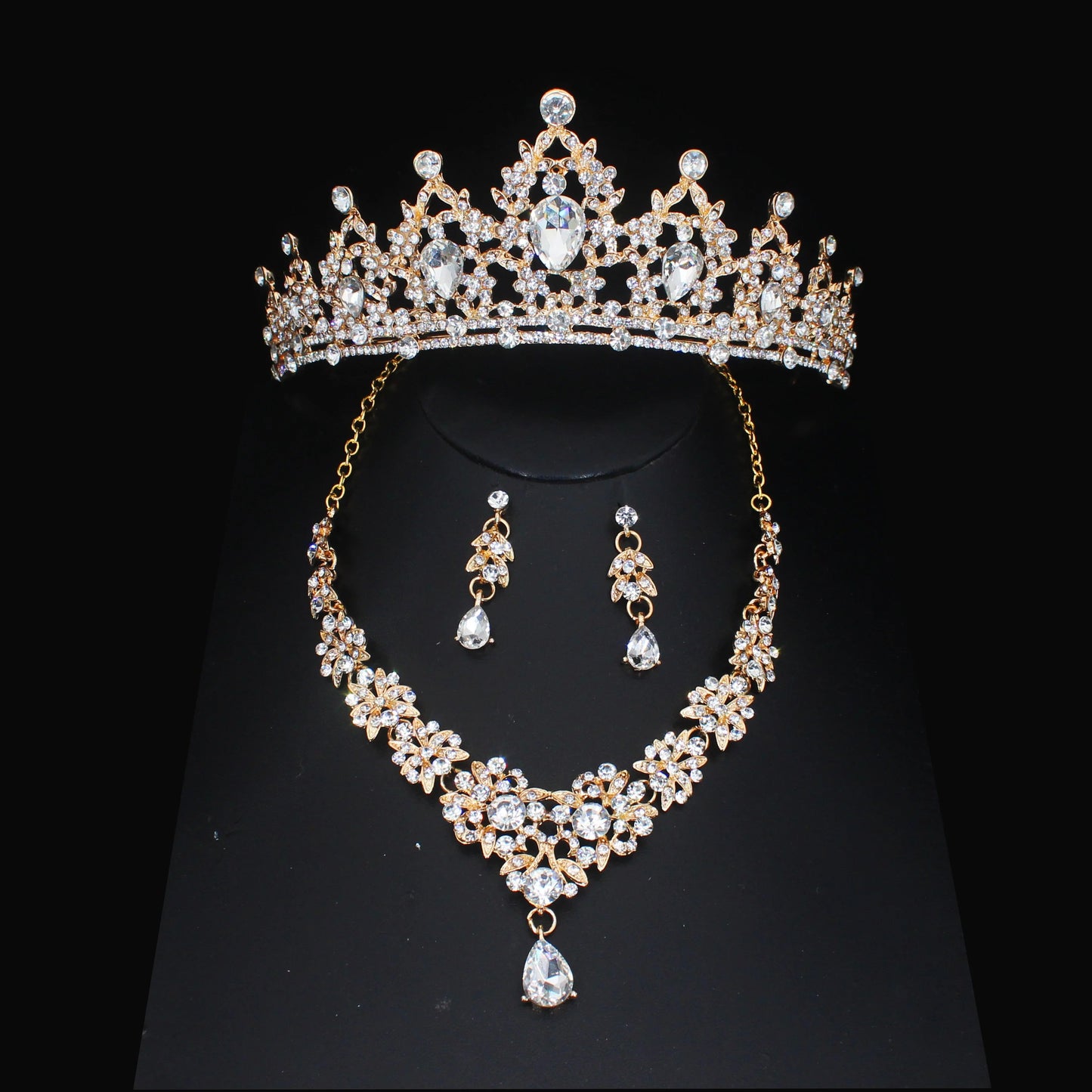 Luxury Crystal Wedding Bridal Jewelry Sets Women/Girl Gold Color Tiara/Crown Earrings Choker Necklace Bride Jewelry Set Good Vibrations Adult Super Store
