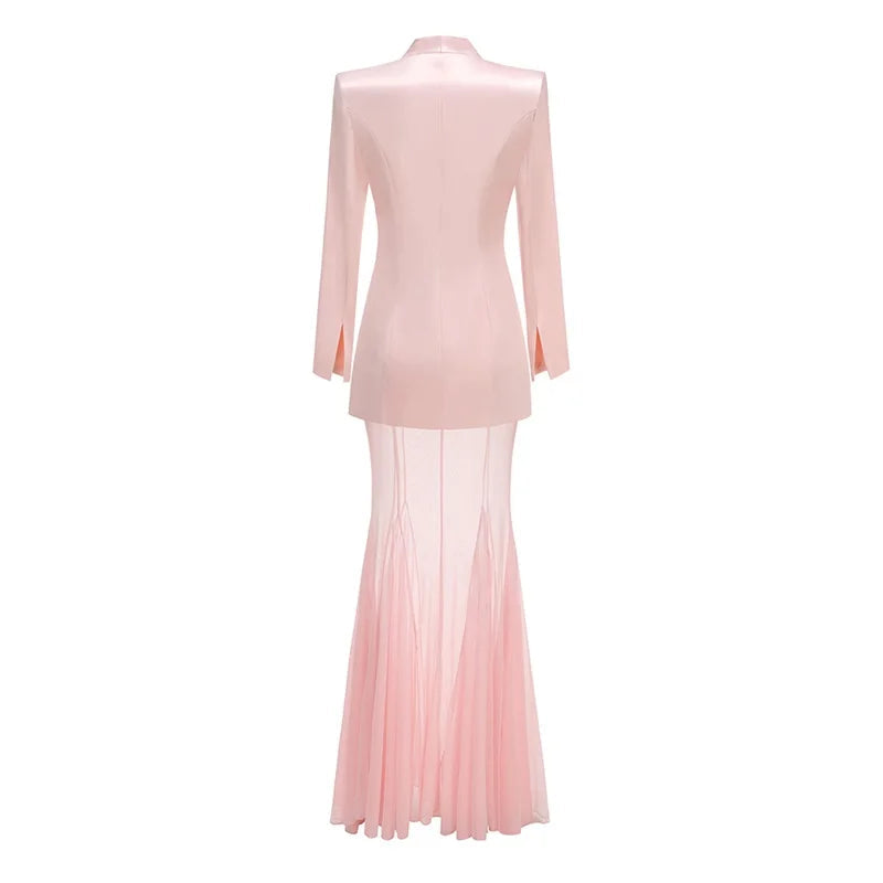 Women Pink Blazer Dress Set, Elegant Sleeveless Top, and Flowy High-Low Chiffon Skirt with Sheer Hem for Wedding Party In Stoc Good Vibrations