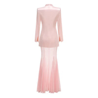 Women Pink Blazer Dress Set, Elegant Sleeveless Top, and Flowy High-Low Chiffon Skirt with Sheer Hem for Wedding Party In Stoc Good Vibrations