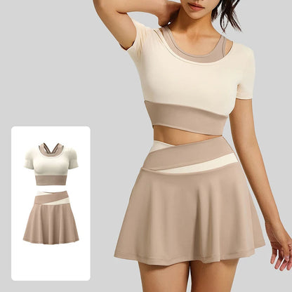 Women's Two Tone 2 Piece Yoga Set Short Sleeve Yoga Top with Bra Pads High Waist Skort with Liner Running Fitness Sportswear Good Vibrations