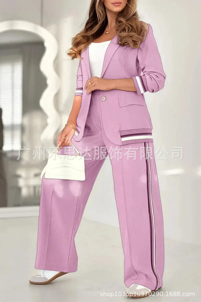 Women Suit Jacket 2 Piece Sets Striped Blazer Coat Turn Down Collar Single Breasted Wide Leg Pants Ensemble Office Lady Outfits Good Vibrations