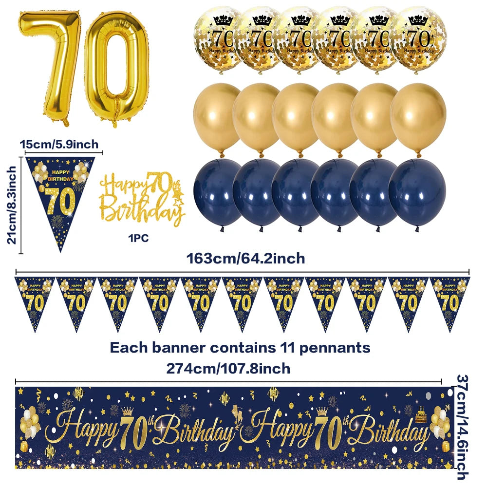 30th/40th/50th/60th/70th Birthday Decorations Men Women Birthday Balloon Garland Kit Happy Birthday Banner Blue Gold Balloon Good Vibrations
