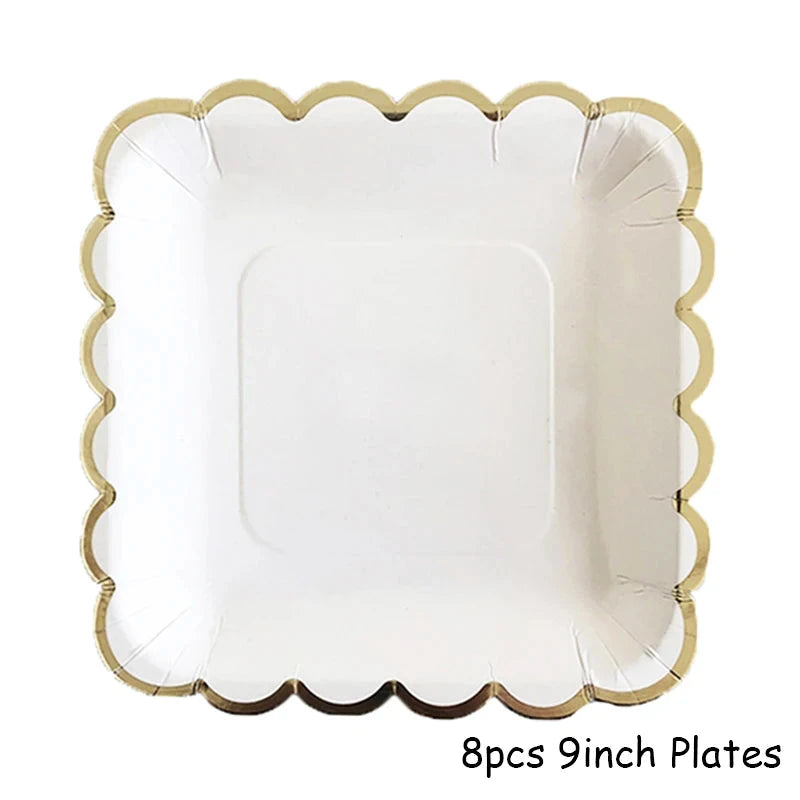 White Disposable Tableware Set Party Gold Paper Plate Wedding Necessitie Birthday Party Baby Shower Decorations Wedding Supplies Good Vibrations