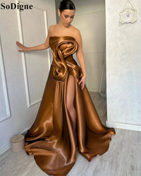 SoDigne Elegant Brown Evening Dresses A-Line Draped High Split Ruffles Strapless Long Party Dress Modern Prom Gowns Customized Good Vibrations