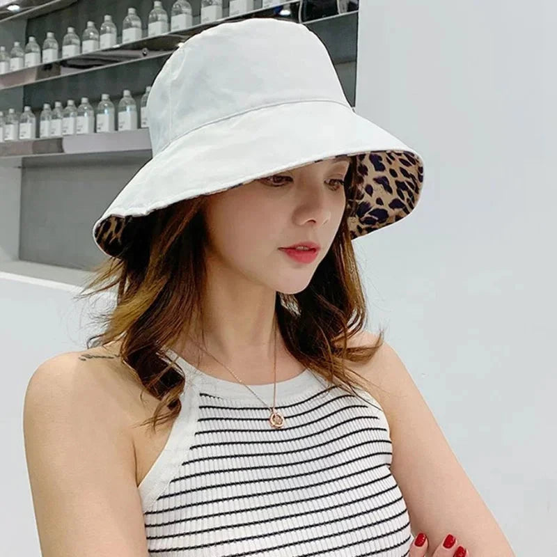 Flattop Ladies' Hat Street Women Leopard Print Bucket Comfortable Breathe Foldable Beach Flat Top Sun Fishing Hats for Women Good Vibrations