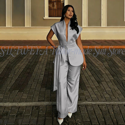 Modern Women Suits For Wedding Business Fashion 2 Pieces Sets Elegant Women's Sets Outfits Short Sleeves Jacket Pants Customized Good Vibrations