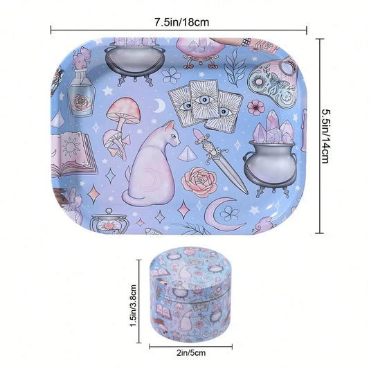 2 Pieces Kitten Bear Floral Mushrooms The Magic World Grinder and Rolling Tray Combo Good Vibrations Adult Super Store